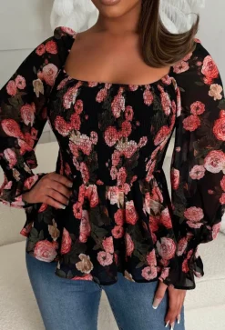 Give Me Notice Black Floral Shirred Square Neck Blouse