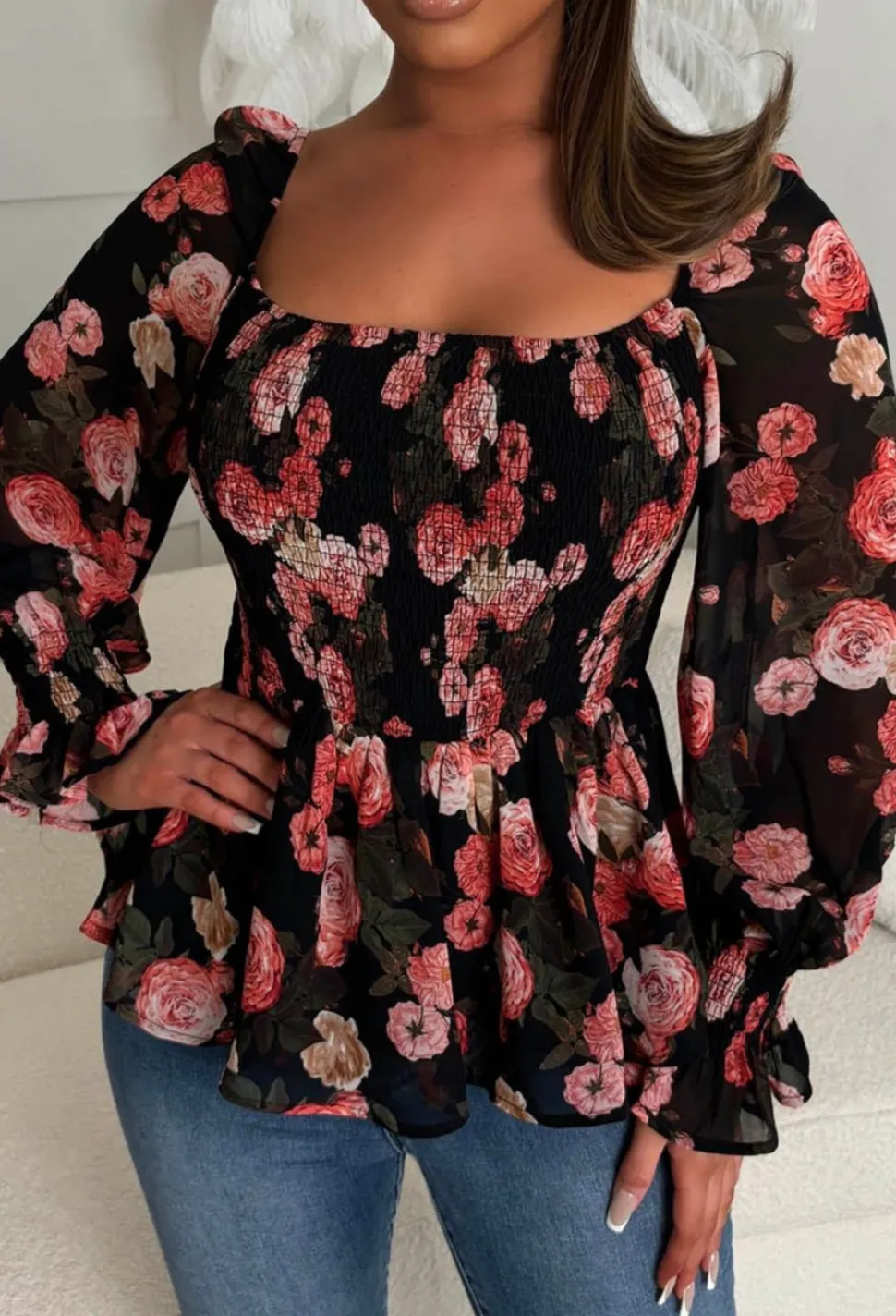 Give Me Notice Black Floral Shirred Square Neck Blouse