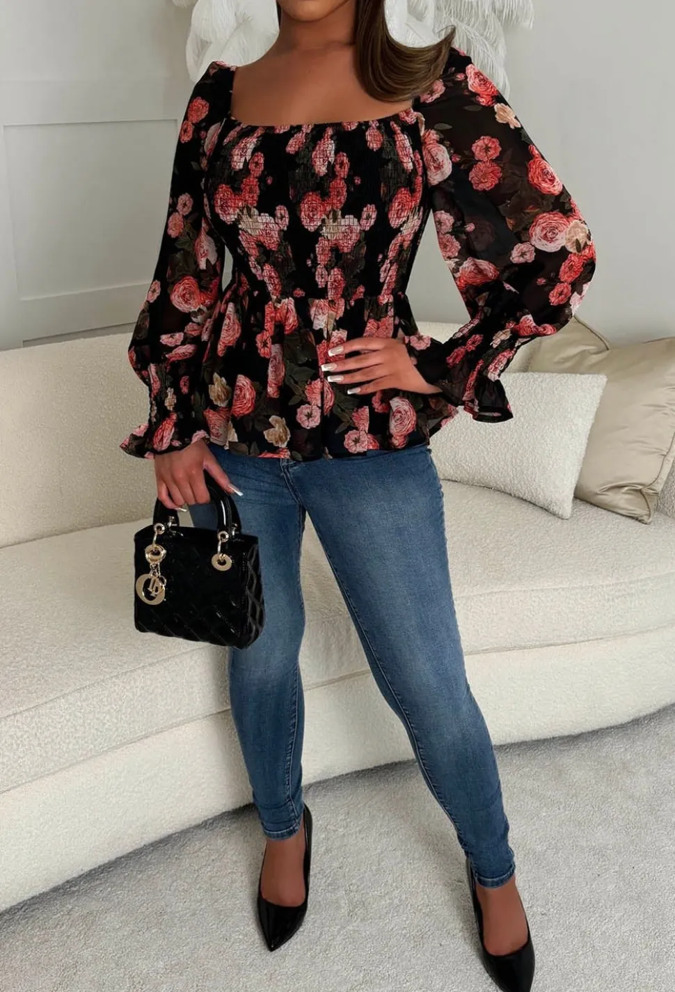 Give Me Notice Black Floral Shirred Square Neck Blouse