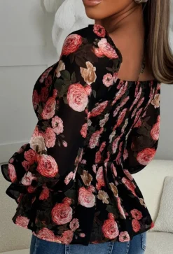 Give Me Notice Black Floral Shirred Square Neck Blouse