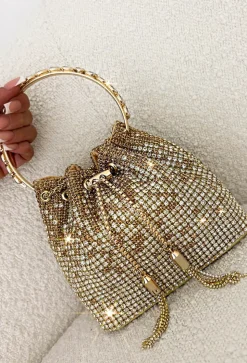 Glam Charm Gold Crystal Bucket Bag
