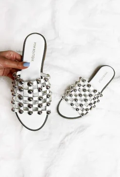 Glamour Galore White Studded Caged Flat Sandals