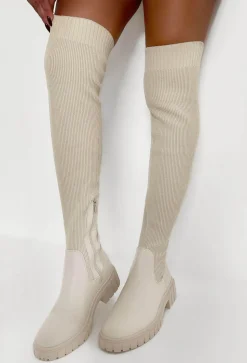 Glimpse Of Us Cream Rib Knit Chunky Flat Thigh High Boots