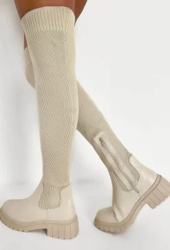 Glimpse Of Us Cream Rib Knit Chunky Flat Thigh High Boots