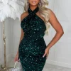 Glitzy Glamour Green Halterneck Sequin Dress