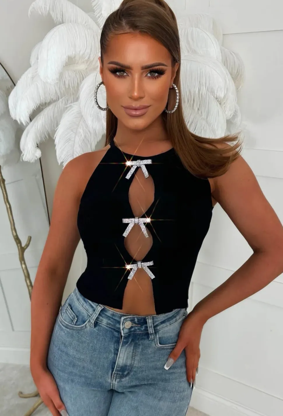 Goddess Glow Black Diamond Bow Knitted Top