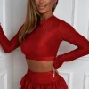 Goddess Red Lurex Crop Top & Ruffle Layered Skirt Co-Ord