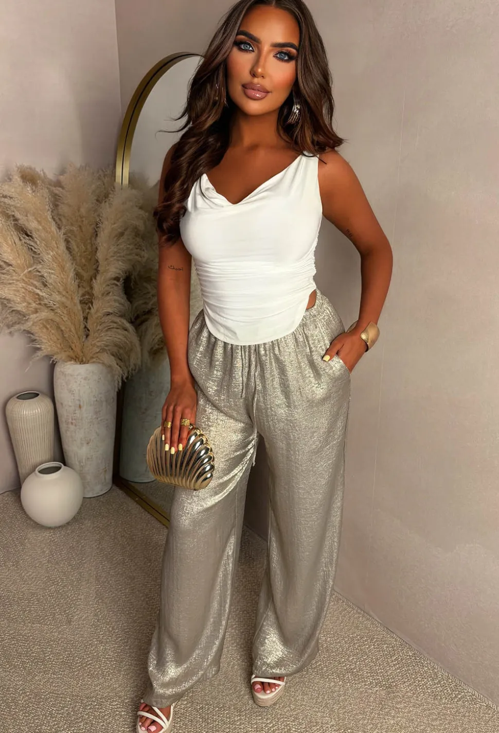 Golden Glow Champagne Metallic Drawstring Straight Trousers