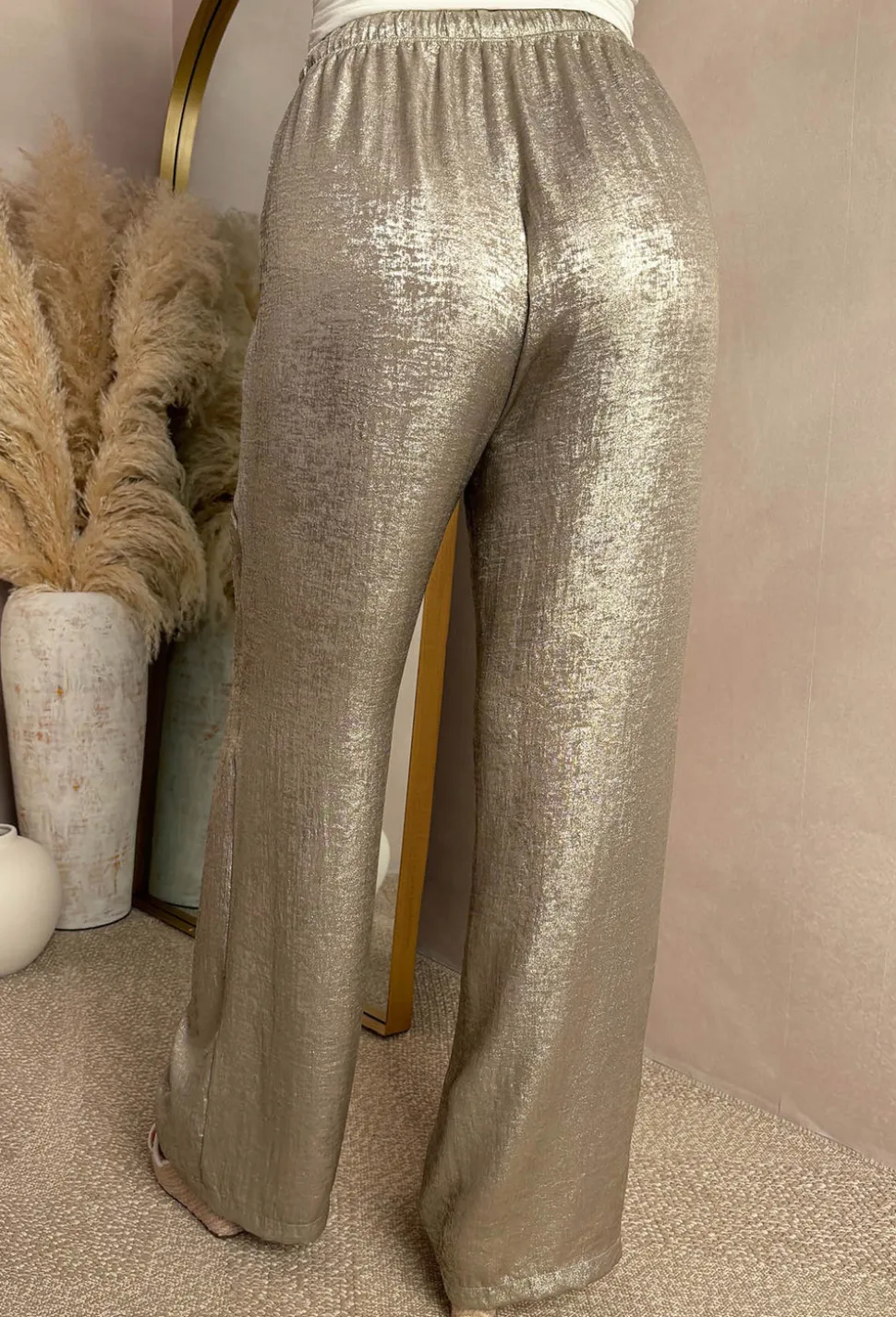 Golden Glow Champagne Metallic Drawstring Straight Trousers
