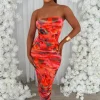 Golden Sands Orange Abstract Print Mesh Ruched Bandeau Midi Dress