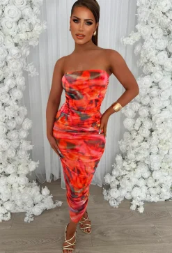 Golden Sands Orange Abstract Print Mesh Ruched Bandeau Midi Dress