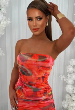 Golden Sands Orange Abstract Print Mesh Ruched Bandeau Midi Dress