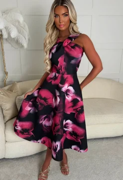 Gorgeous Gal Pink Knot Neck Flower Print Midi Dress