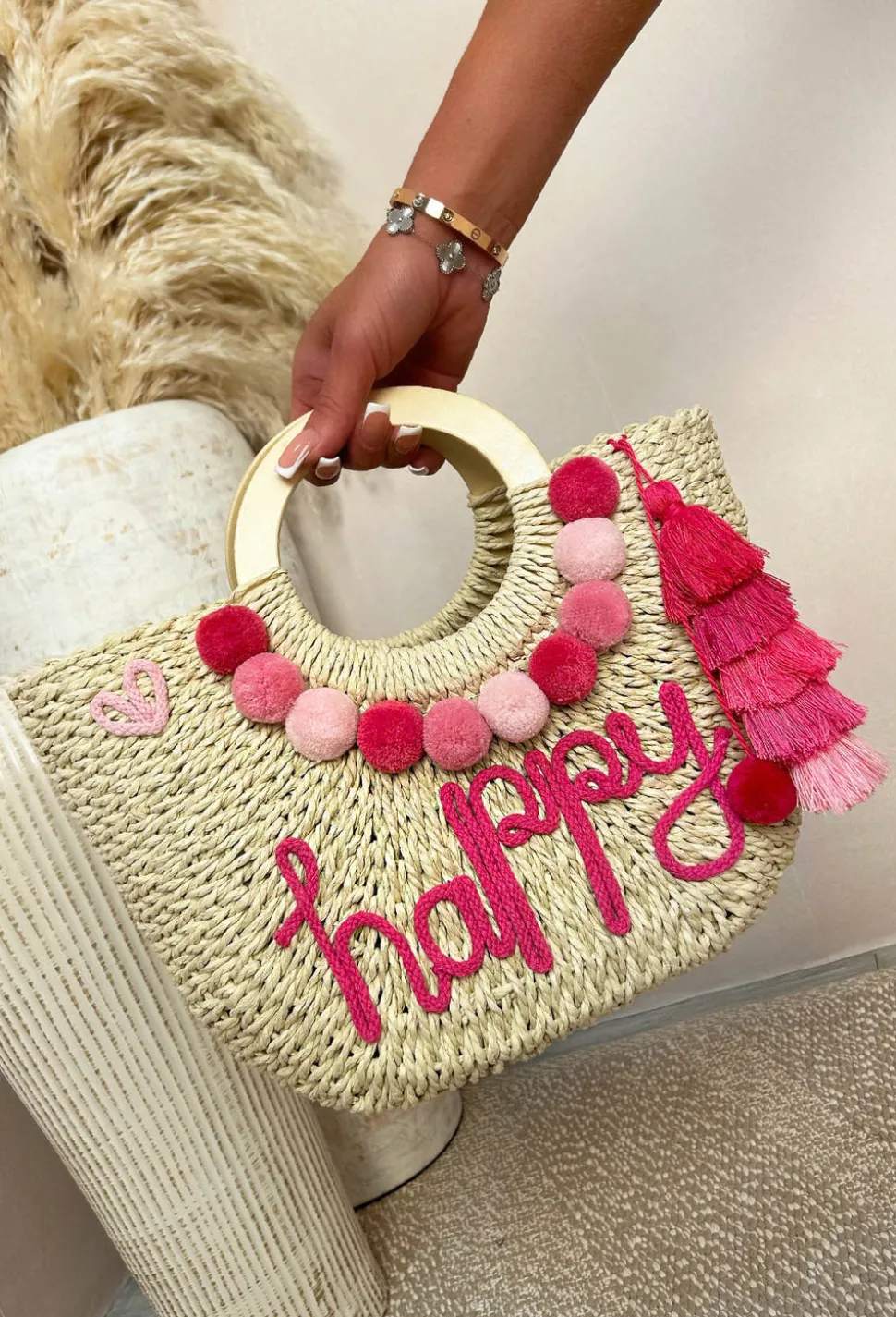 Grecian Glam Pink Embellished Straw Bag