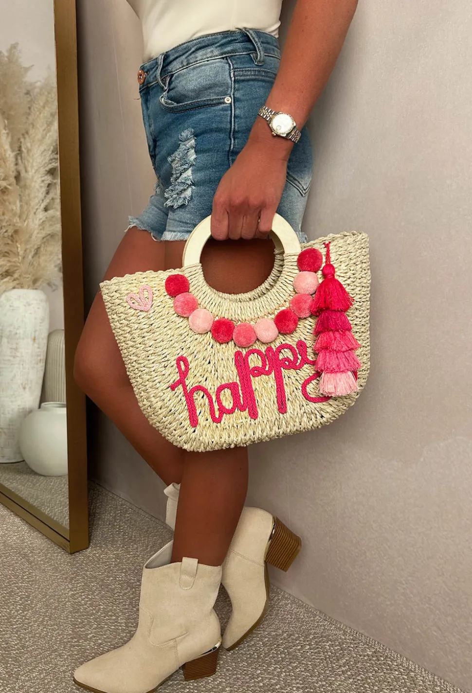 Grecian Glam Pink Embellished Straw Bag