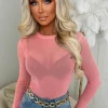 Hard To Miss Coral Sheer Mesh Bodysuit