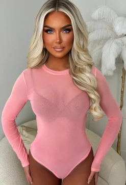 Hard To Miss Coral Sheer Mesh Bodysuit