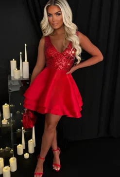 Heart Broken Red Sequin Multi Layer Skater Dress