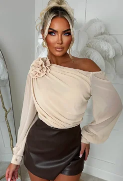 Heartbreaker Hue Beige Mesh Corsage Draped Bodysuit