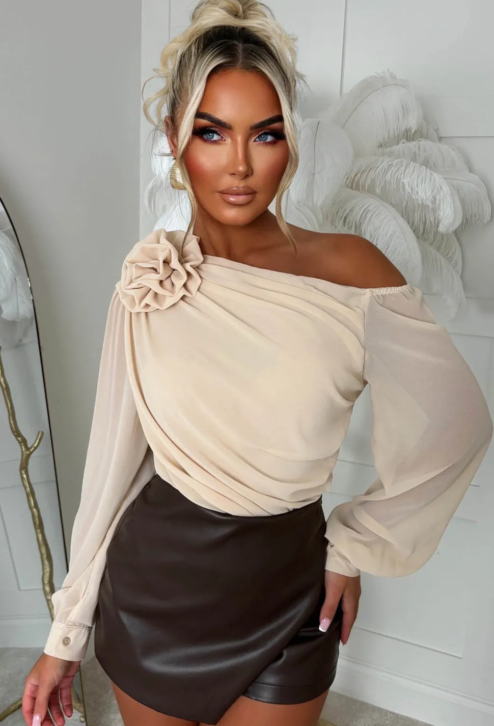 Heartbreaker Hue Beige Mesh Corsage Draped Bodysuit