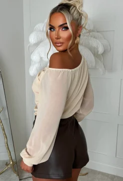Heartbreaker Hue Beige Mesh Corsage Draped Bodysuit