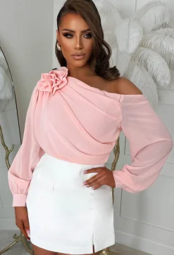Heartbreaker Hue Light Pink Mesh Corsage Draped Bodysuit