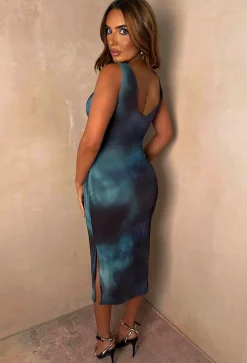 Hettie Blue Mesh Side Split Midi Dress