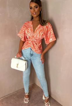 Hidden Flame Orange Knot Detail Crepe Top