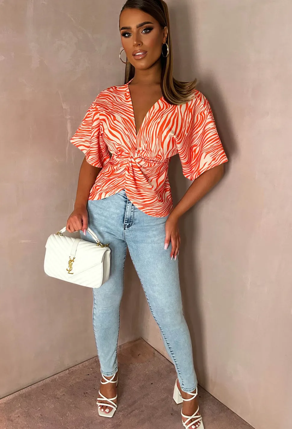 Hidden Flame Orange Knot Detail Crepe Top