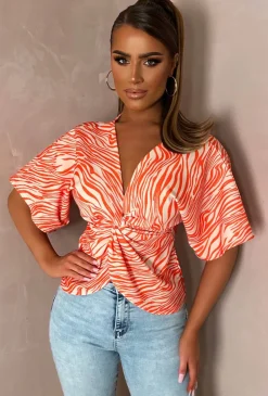 Hidden Flame Orange Knot Detail Crepe Top