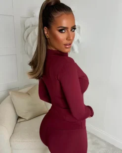Hold Me Tight Burgundy Zip Up Jacket And Leggings Active Set