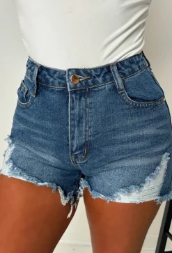 Hold'Em Close Mid Wash Stretch Frayed Cut Off Denim Shorts