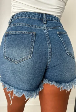 Hold'Em Close Mid Wash Stretch Frayed Cut Off Denim Shorts