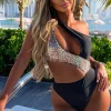 Holiday Queen Black One Shoulder Rose Gold Sequin Cut Out Swimsuit
