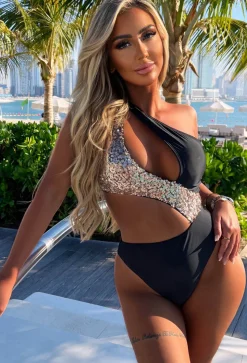 Holiday Queen Black One Shoulder Rose Gold Sequin Cut Out Swimsuit