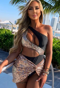 Holiday Queen Black One Shoulder Rose Gold Sequin Cut Out Swimsuit