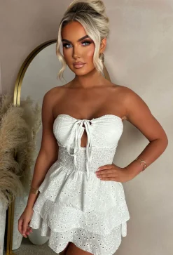 Holiday Tease White Tie Front Frill Broderie Anglaise Mini Dress