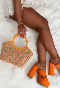 Hot On The Spot Orange Top Handle Printed Raffia Bag