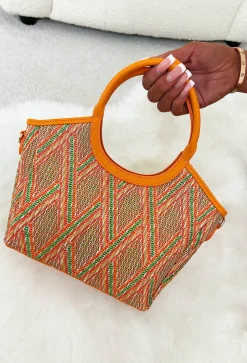 Hot On The Spot Orange Top Handle Printed Raffia Bag
