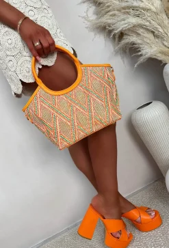 Hot On The Spot Orange Top Handle Printed Raffia Bag