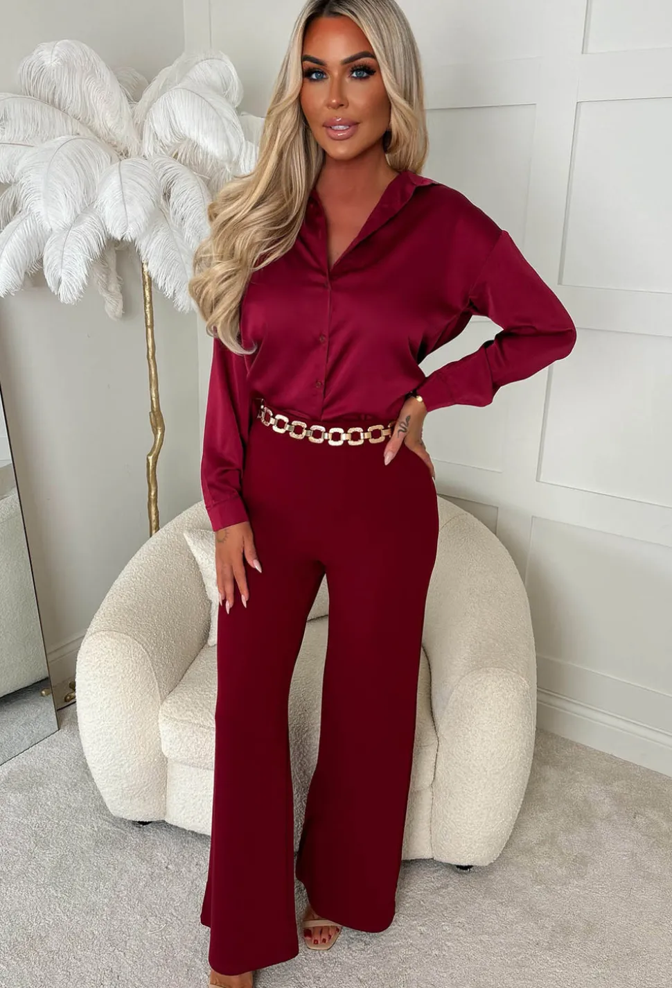 I See Fire Burgundy High Waisted Wide Leg Trousers