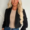 Iconic Black Shawl Neck Ruched Sleeve Cropped Blazer