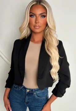 Iconic Black Shawl Neck Ruched Sleeve Cropped Blazer