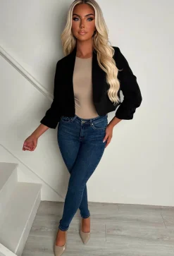 Iconic Black Shawl Neck Ruched Sleeve Cropped Blazer