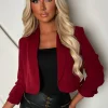 Iconic Cherry Red Shawl Neck Ruched Sleeve Cropped Blazer