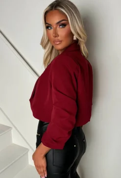 Iconic Cherry Red Shawl Neck Ruched Sleeve Cropped Blazer