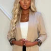 Iconic Chic Beige Shawl Neck Contrast Leopard Trim Blazer