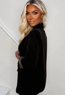 Iconic Chic Black Shawl Neck Contrast Leopard Trim Blazer