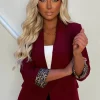 Iconic Chic Cherry Red Shawl Neck Contrast Leopard Trim Blazer