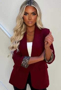 Iconic Chic Cherry Red Shawl Neck Contrast Leopard Trim Blazer